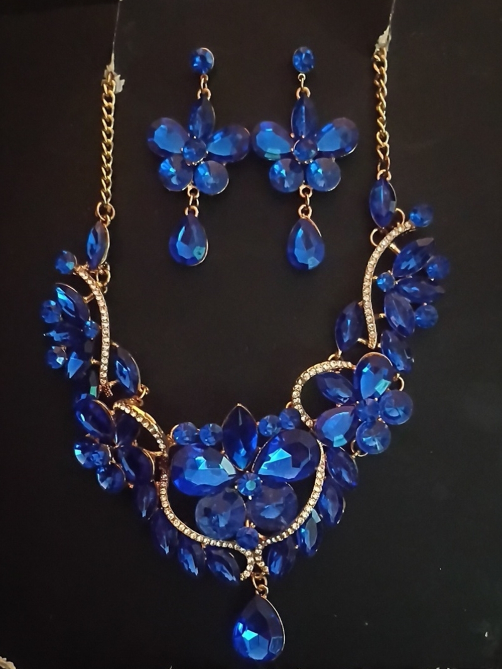 Blue Crystal Floral Necklace & Earring Set